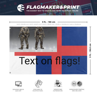 A mockup depicting custom flag specifications and measurements for 'T flag'
