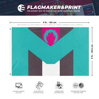 A mockup depicting custom flag specifications and measurements for 'Hatsunia flag'