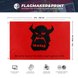 A mockup depicting custom flag specifications and measurements for 'ork marxist  flag'