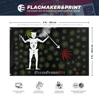 A mockup depicting custom flag specifications and measurements for 'OceanGrown804 flag'