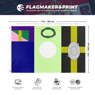 A mockup depicting custom flag specifications and measurements for 'Island Of Tempest flag'