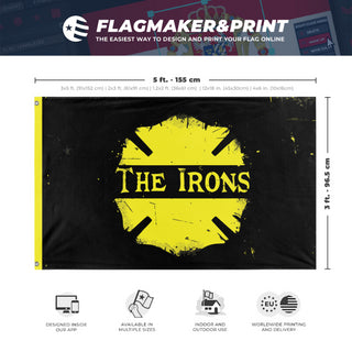 A mockup depicting custom flag specifications and measurements for 'The Irons flag'