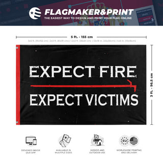 A mockup depicting custom flag specifications and measurements for 'Expect Fire, Expect Victims flag'