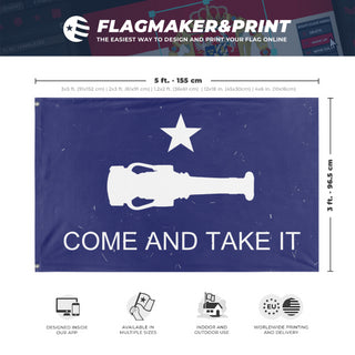 A mockup depicting custom flag specifications and measurements for 'Come and Take It flag'
