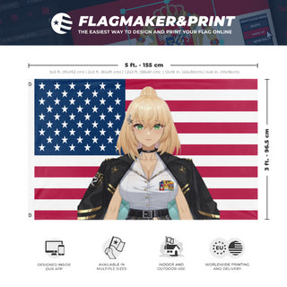 A mockup depicting custom flag specifications and measurements for 'JosieFlags'