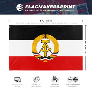 A mockup depicting custom flag specifications and measurements for 'Democratic Republic of Germany'