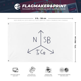 A mockup depicting custom flag specifications and measurements for 'Northern Stormbridge trading company  flag'