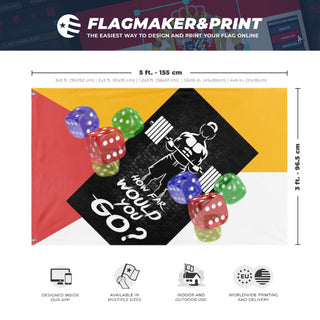 A mockup depicting custom flag specifications and measurements for 'T flag'