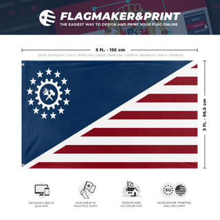 A mockup depicting custom flag specifications and measurements for 'Combined Syndicates of America flag'