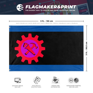 A mockup depicting custom flag specifications and measurements for 'syndicalist kingdom of Jasonia flag'