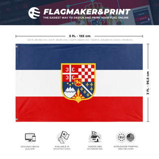 A mockup depicting custom flag specifications and measurements for 'Kingdom of Yugoslavia flag'