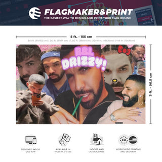 A mockup depicting custom flag specifications and measurements for 'BBL DRIZZY flag'