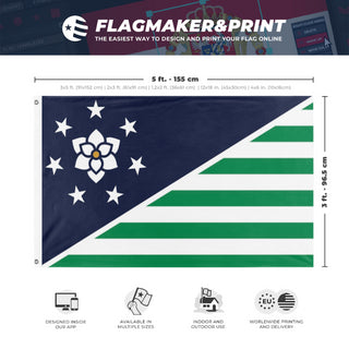 A mockup depicting custom flag specifications and measurements for 'Federation of the Creekside Republics flag'
