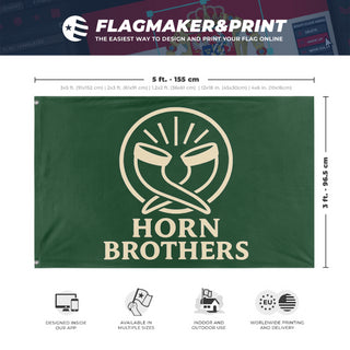 A mockup depicting custom flag specifications and measurements for 'Horn Brothers flag'