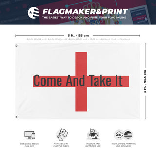 A mockup depicting custom flag specifications and measurements for 'test 1 flag'