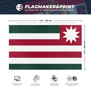 A mockup depicting custom flag specifications and measurements for 'KAMIWORLD flag'