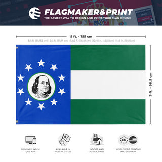 A mockup depicting custom flag specifications and measurements for 'State of Franklin flag'