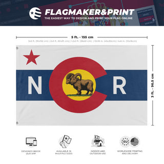 A mockup depicting custom flag specifications and measurements for 'Fallout Colorado NCR flag'