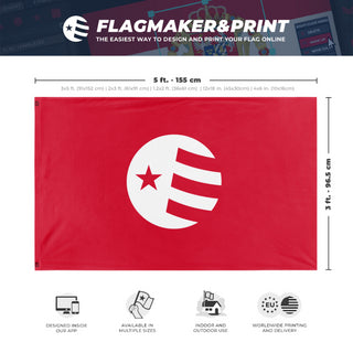 A mockup depicting custom flag specifications and measurements for 'Free Flag Designer'