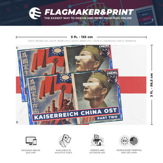 A mockup depicting custom flag specifications and measurements for 'T flag'