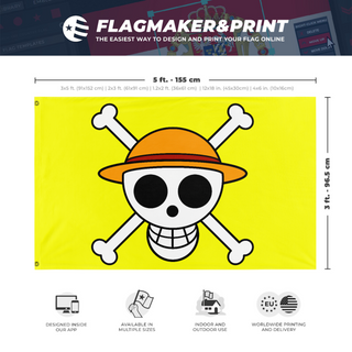 A mockup depicting custom flag specifications and measurements for 'StrawHat flag'