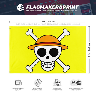 A mockup depicting custom flag specifications and measurements for 'strawhat flag'