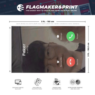 A mockup depicting custom flag specifications and measurements for 'faker is calling flag'
