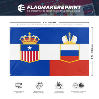A mockup depicting custom flag specifications and measurements for 'RussoAmericanEmpire flag'
