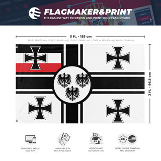 A mockup depicting custom flag specifications and measurements for 'saint Saul german empire flag'