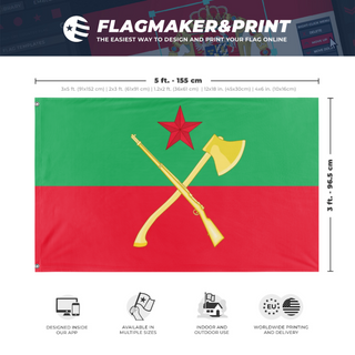 A mockup depicting custom flag specifications and measurements for 'Cascadia front  flag'