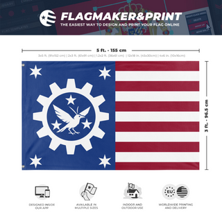 A mockup depicting custom flag specifications and measurements for 'SHSFA Rebelion flag'