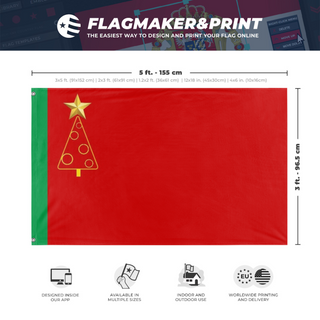 A mockup depicting custom flag specifications and measurements for 'Communist Christmas f flag'