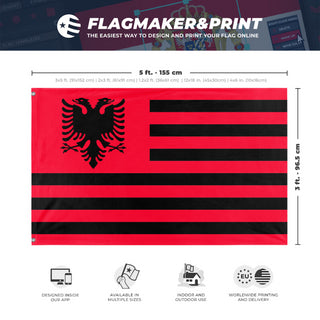 A mockup depicting custom flag specifications and measurements for 'Albanian Heritage Flag'