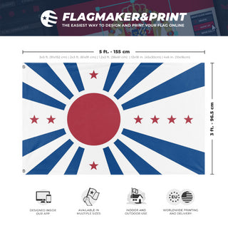 A mockup depicting custom flag specifications and measurements for 'Japanese Pacific States flag'