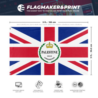 A mockup depicting custom flag specifications and measurements for 'High commissioner of Palestine and Transjordan flag'