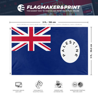 A mockup depicting custom flag specifications and measurements for 'Palestine customs and postal services ensign flag'