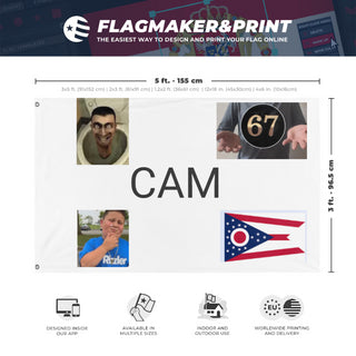 A mockup depicting custom flag specifications and measurements for 'Cam Republic flag'