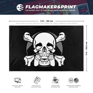 A mockup depicting custom flag specifications and measurements for 'Mutineer flag'