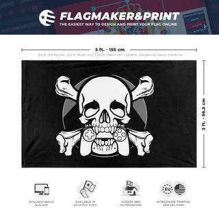 A mockup depicting custom flag specifications and measurements for 'Mutineers flag'