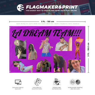 A mockup depicting custom flag specifications and measurements for 'dream team  flag'