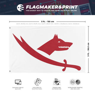 A mockup depicting custom flag specifications and measurements for 'Turkoman-Alevi Flag'