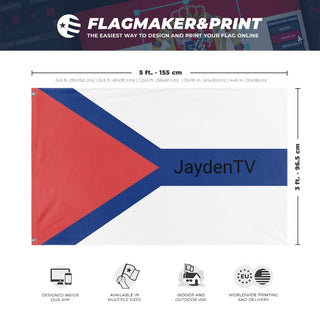 A mockup depicting custom flag specifications and measurements for 'JaydenTV Flag'