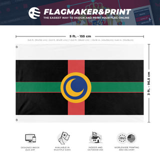 A mockup depicting custom flag specifications and measurements for 'Kaleido-SPACE flag'