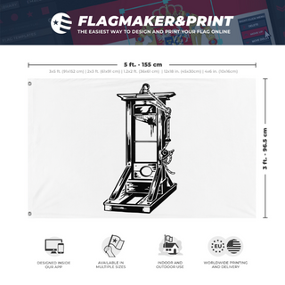 A mockup depicting custom flag specifications and measurements for 'Guillotine Flag'