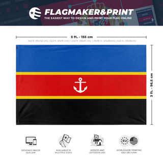 A mockup depicting custom flag specifications and measurements for 'Serene Republic of Saltwater flag'