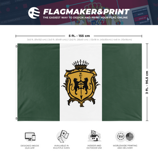 A mockup depicting custom flag specifications and measurements for 'Aldovia flag'