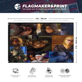 A mockup depicting custom flag specifications and measurements for 'wukongforever flag'