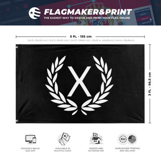 A mockup depicting custom flag specifications and measurements for 'Xenova flag'