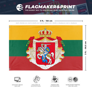 A mockup depicting custom flag specifications and measurements for 'Kingdom of Lithuania flag'