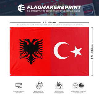 A mockup depicting custom flag specifications and measurements for 'albania x turkey flag'